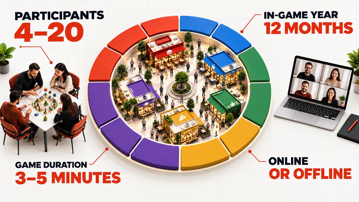 Game format: 4 to 20 participants, a game year of twelve months, a turn of three to five minutes, online or offline