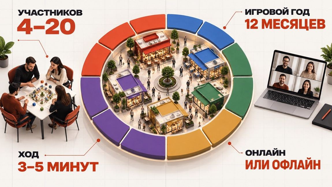 Формат игры: от 4 до 20 участников, игровой год из двенадцати месяцев, ход три-пять минут, онлайн или офлайн