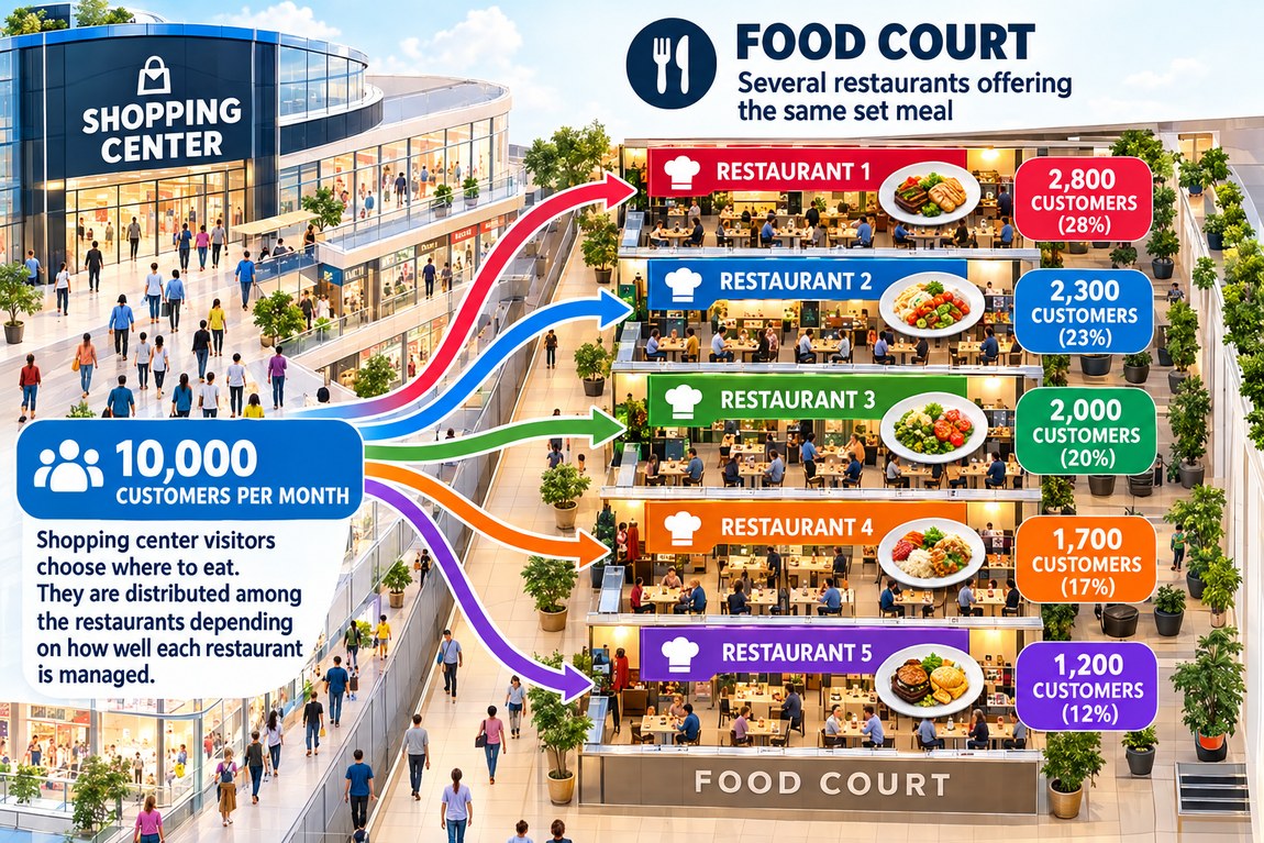 Game diagram: the flow of shopping mall customers is distributed among competing food court restaurants