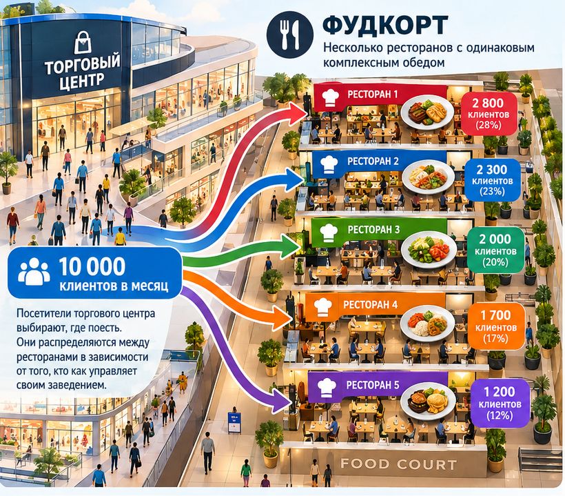 Схема игры: поток клиентов торгового центра распределяется между конкурирующими ресторанами фудкорта
