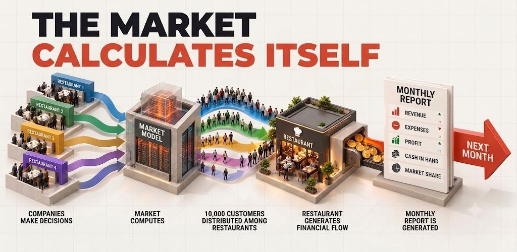 The market counts by itself: companies make decisions, the model calculates, 10,000 customers are split between restaurants, and a monthly report appears — revenue, costs, profit, cash and market share