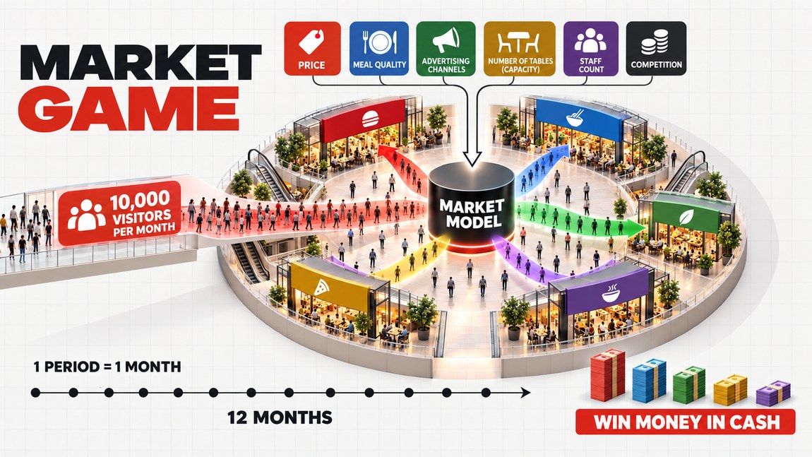 One market for everyone: a flow of 10,000 customers passes through the market model and is distributed among competing restaurants. One turn equals one month, a game year is twelve months