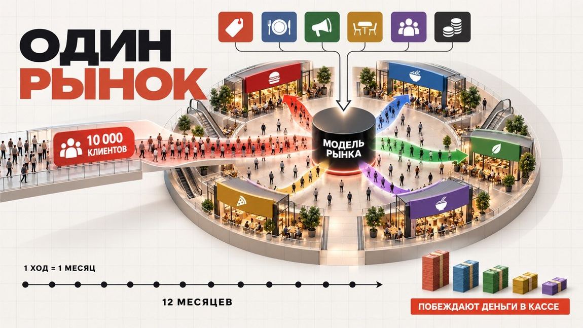 Один рынок на всех: поток из 10 000 клиентов проходит через модель рынка и распределяется между конкурирующими ресторанами. Один ход равен одному месяцу, игровой год — двенадцать месяцев