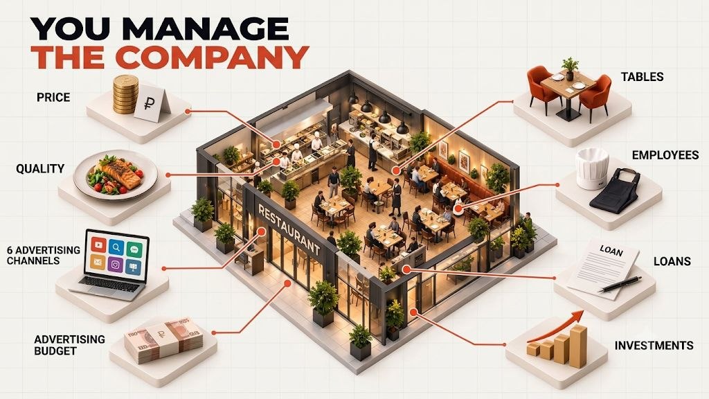 You run a company: price, quality, six advertising channels, advertising budget, tables, staff, loans and investments