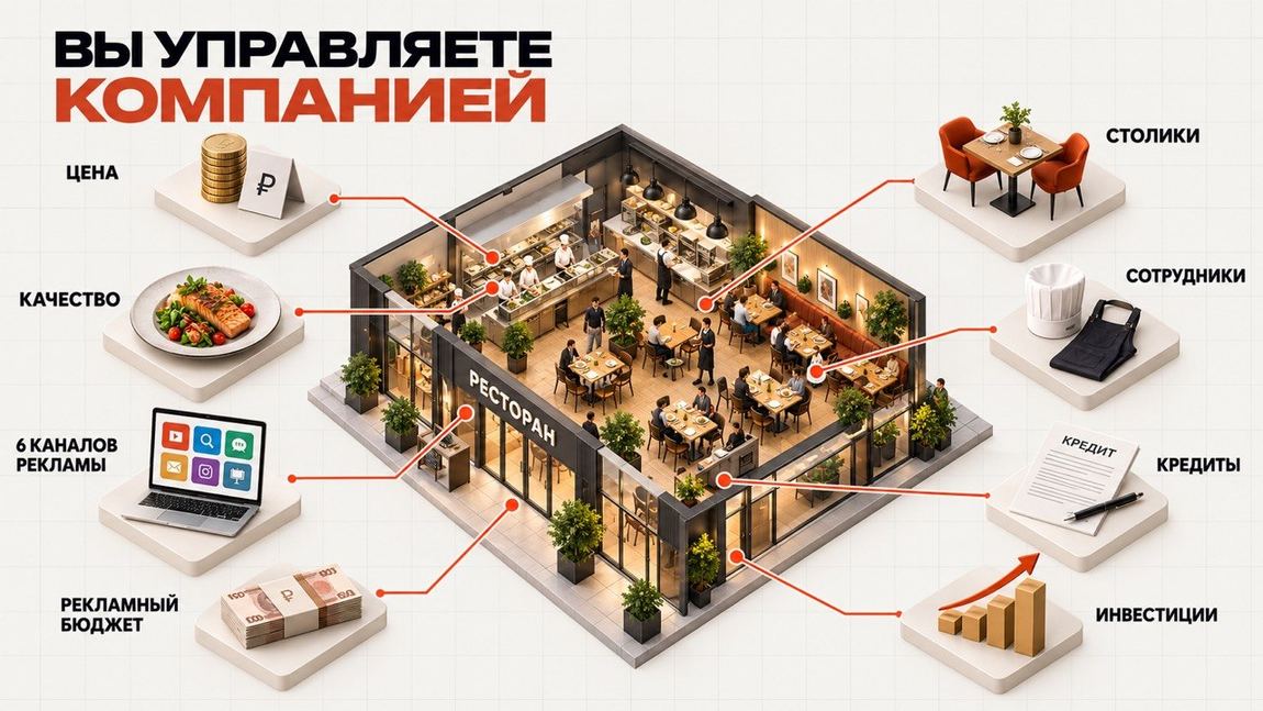 Вы управляете компанией: цена, качество, шесть каналов рекламы, рекламный бюджет, столики, сотрудники, кредиты и инвестиции