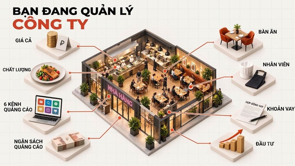 Bạn điều hành một công ty: giá, chất lượng, sáu kênh quảng cáo, ngân sách quảng cáo, số bàn, nhân viên, các khoản vay và đầu tư